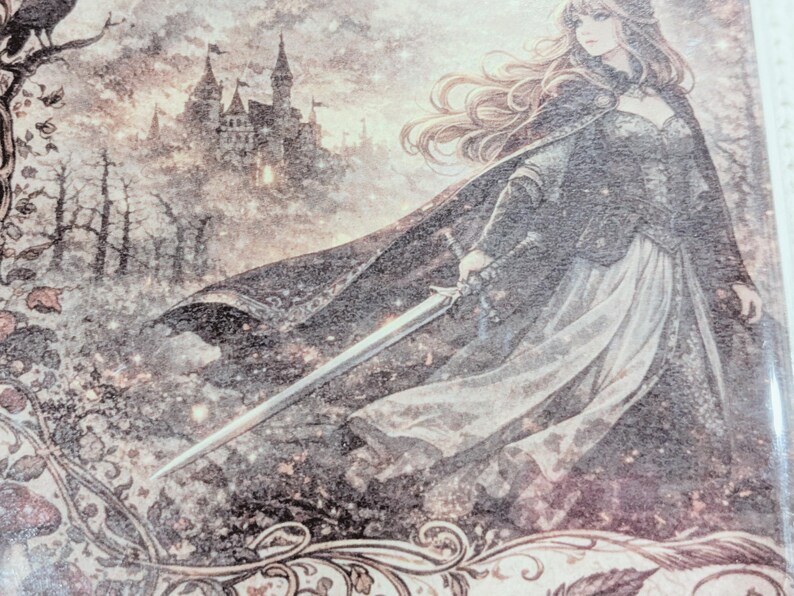 May include: A vintage-style illustration depicting a woman in a black cloak holding a sword, with a castle and forest in the background. The artwork features muted tones and detailed imagery, evoking a fantasy theme.