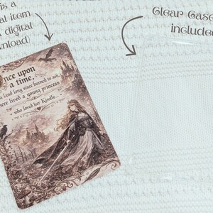 May include: A decorative card with a vintage illustration and text. The card features a woman with long hair, a castle, and the words "Once upon a time..." The text also states "This is a physical item (not a digital download)." A clear case is also shown.