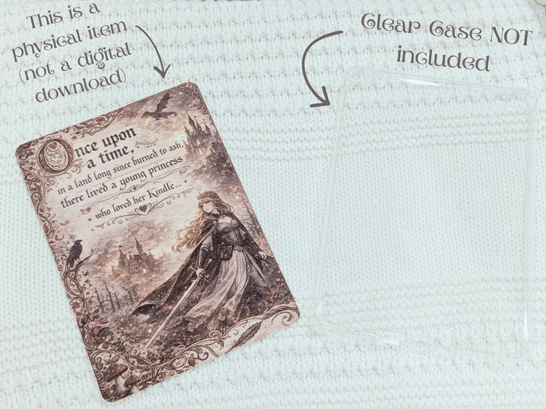 May include: A decorative card with a vintage illustration and text. The card features a woman with long hair, a castle, and the words "Once upon a time..." The text also states "This is a physical item (not a digital download)." A clear case is also shown.