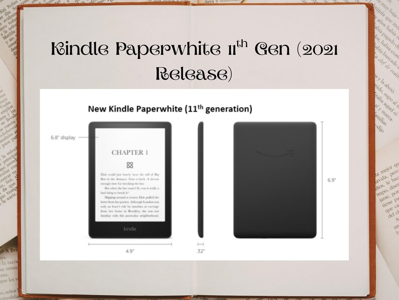 May include: Black Kindle Paperwhite 11th Gen (2021 Release) e-reader. The image shows the front, side, and back views. The screen is 17.3 cm and the device is 12.4 cm wide and 17.5 cm tall. The back has the Amazon logo.