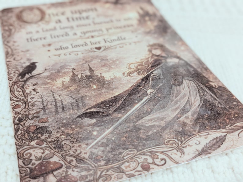 May include: A sepia-toned print with a medieval theme, depicting a woman with a sword, a castle, and a raven. The text reads "Once upon a time..." in a decorative font. The overall aesthetic is vintage and evocative.