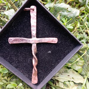 handforged, hammered, twisted copper cross pendant one of a kind