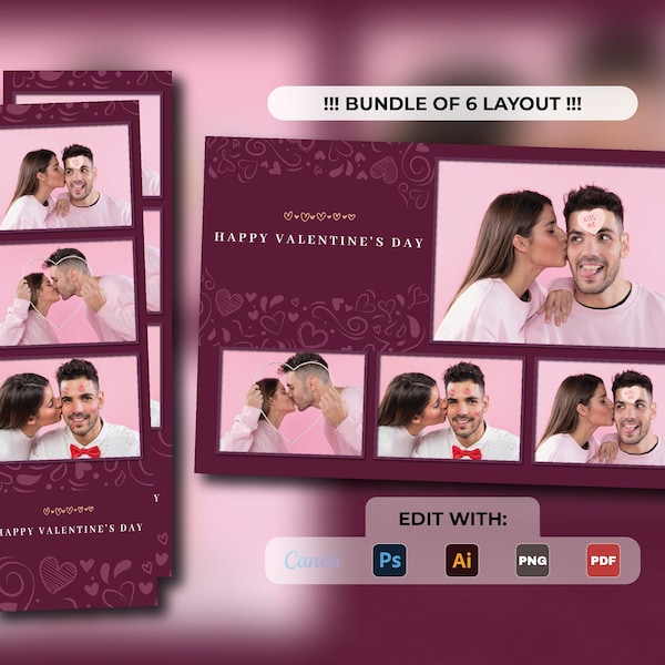 Valentine's day photobooth template 4x6 | valentine photobooth template 2x6 | Love photobooth template | purple template Edit with Canva