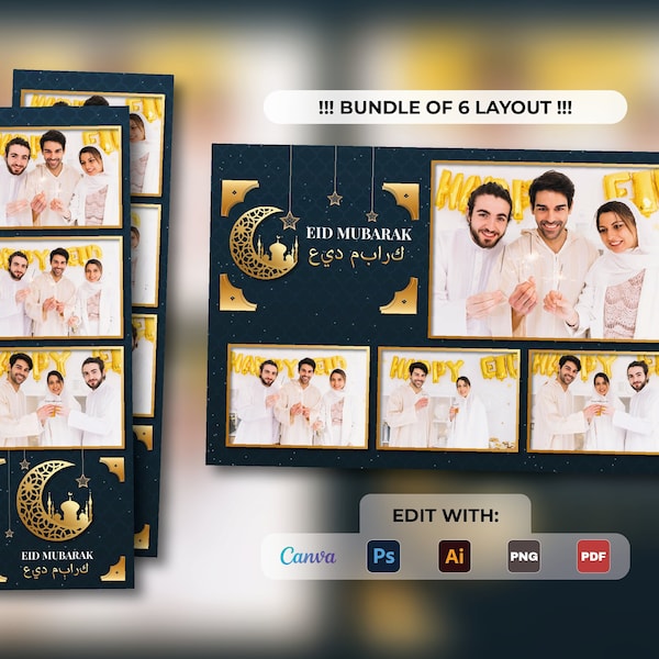 Eid Mubarak photobooth template, Ramadan photo booth template, Gold and deep blue Eid Mubarak overlay strip 2x6 or 4x6, Eid gift, Canva edit