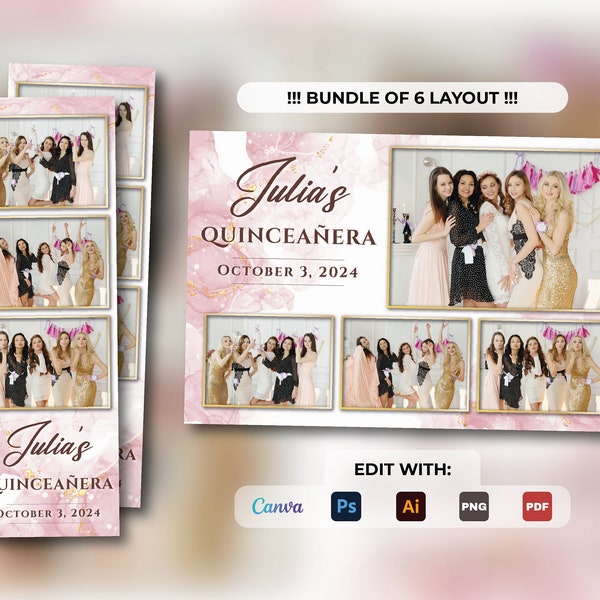 Pink and gold marble QUINCEAÑERA photobooth template | 15th Birthday photobooth template | Gold marble birthday photobooth template | Canva