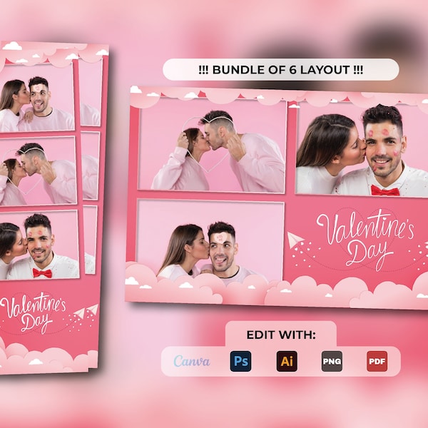 Valentine's day photobooth template 4x6 | valentine photobooth template 2x6 | Love photobooth template | pink heart template Edit w Canva