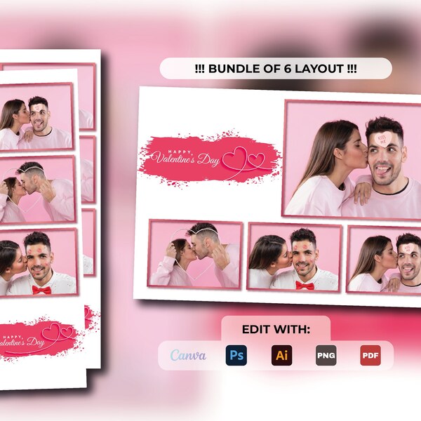 Valentine's day photobooth template 4x6 | valentine heart photobooth template 2x6 | Love photobooth template | pink template Edit with Canva