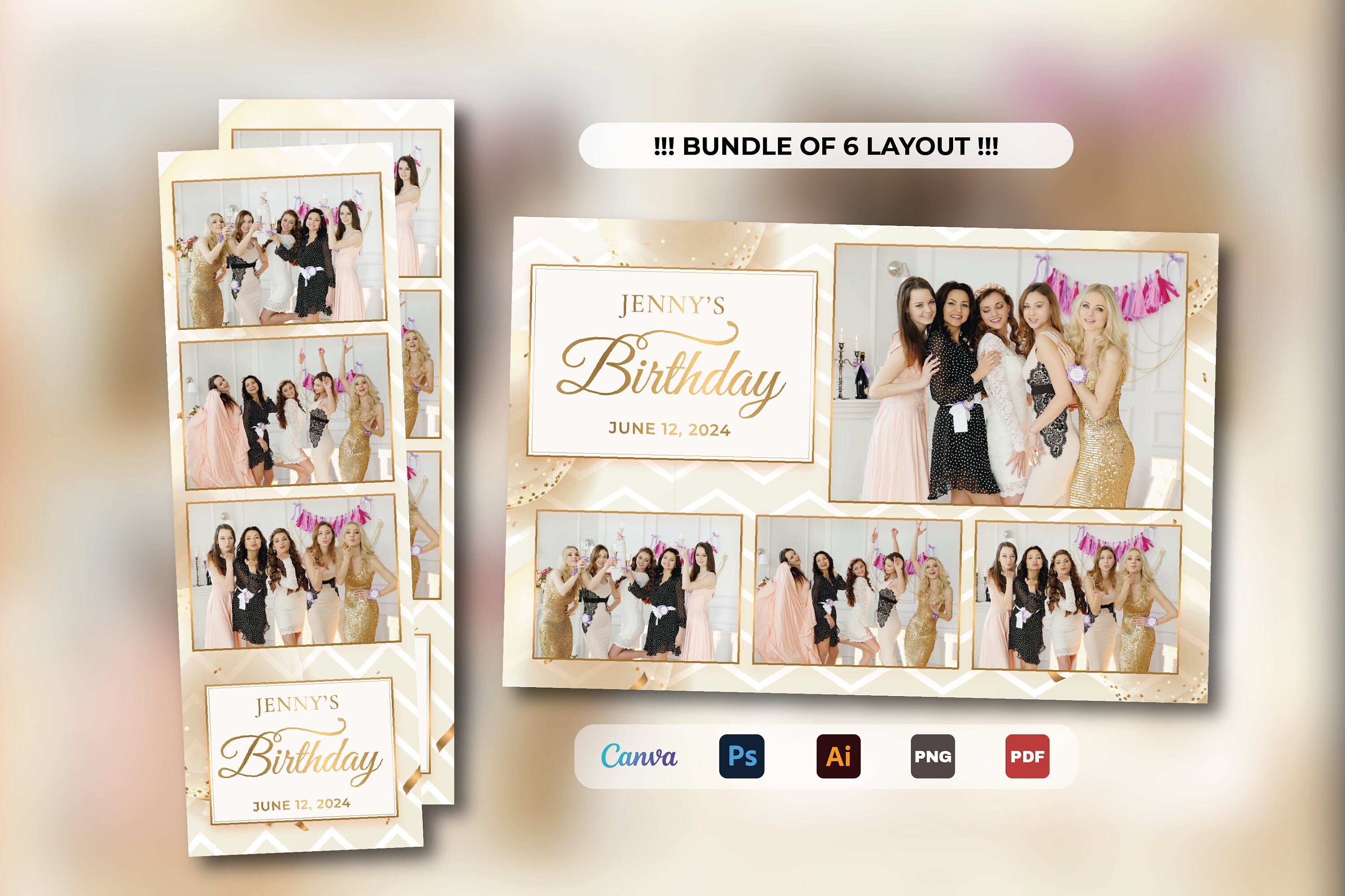 Gold and white birthday photobooth template, x6 layout elegant baloons bd party photobooth design easy edit w Canva, photoshop, dslrbooth...