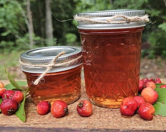 May include: Two glass jars filled with a golden liquid, likely a preserve or syrup, sit on a wooden surface. The jars are sealed with silver lids and twine. Red berries and green leaves are scattered around the jars, suggesting a natural, homemade product.