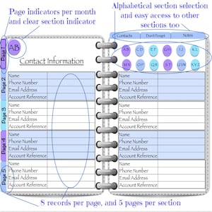 Puede incluir: Una agenda de contactos azul y blanca con una sección con pestañas para cada letra del alfabeto. La agenda tiene una sección para contactos, una sección para notas y una sección para "No olvides".