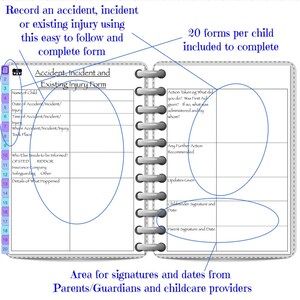 デジタル事故、事件、既存の傷害フォーム、チャイルドマインダー、保育園、幼稚園、保育クラブ、放課後ホリデークラブを含む保育