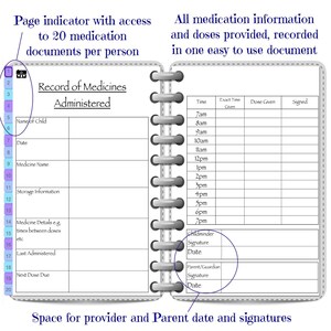 Può includere: Un quaderno a spirale bianco e grigio con un'intestazione blu e viola che dice "Record of Medicines Administered". Il quaderno ha un indicatore di pagina con accesso a 20 documenti di medicinali per persona. Il lato destro del quaderno ha una tabella con colonne per l'ora, l'ora esatta data, la dose data e la firma. La parte inferiore del quaderno ha spazio per la data e le firme del fornitore e del genitore.