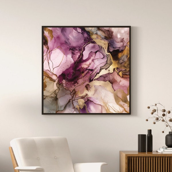 Square Art | Elegant Abstract Art | Luxurious Purple and Gold Fluid Painting | Alcohol Ink Art | Printable Wall Art | Digital Download