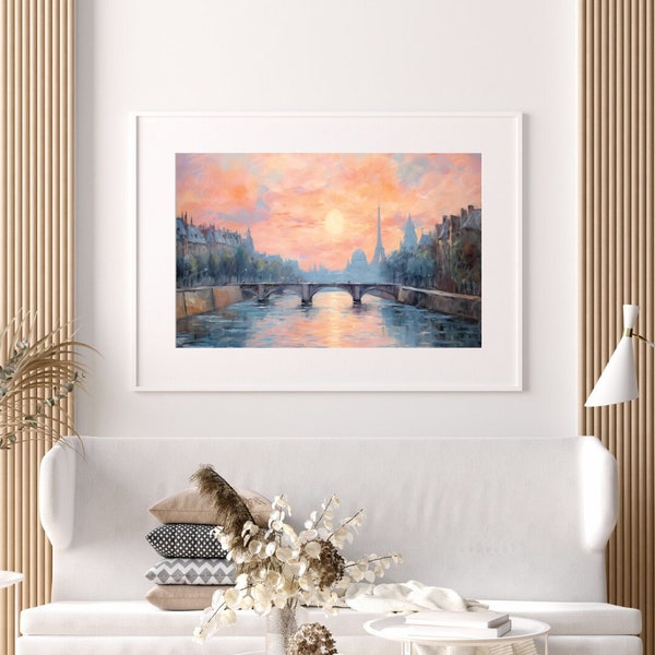 Parisian Sunset | Art of Eiffel Tower and Seine River at Dusk | Painting of Paris | Printable Wall Art | Digital Download | Wall Art