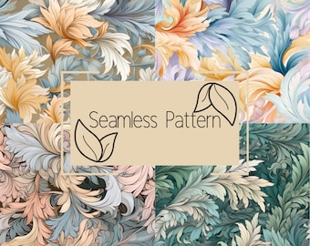 May include: A seamless pattern design featuring four quadrants with ornate floral motifs in pastel colors. The design includes text that reads "Seamless Pattern" in a rectangular box with leaf illustrations.