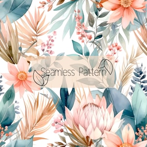 May include: Watercolor seamless pattern featuring a variety of flowers and foliage in shades of peach, pink, and teal. The design includes large blooms, delicate sprigs, and palm fronds, all set against a white background. The text "Seamless Pattern" is displayed.