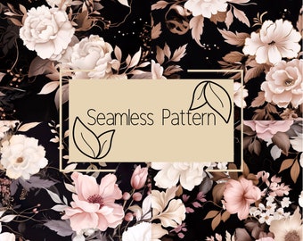 Puede incluir: Un patrón floral sin costuras con un fondo oscuro, que presenta flores y follaje crema, rubor y marrón. El diseño incluye rosas y peonías. El texto "Seamless Pattern" se muestra en un marco rectangular.