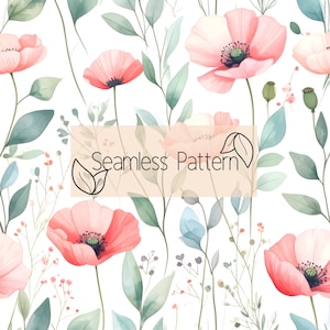 Könnte beinhalten: Nahtloses Aquarellmuster mit rosa Mohnblumen und grünen Blättern auf weißem Hintergrund. Der Entwurf enthält den Text "Seamless Pattern" in einem rechteckigen Rahmen. Geeignet für Textilien und Tapeten.