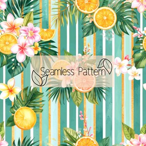Op de afbeelding: Naadloos patroon met aquarel illustraties van sinaasappels, tropische bloemen en groene bladeren. Het ontwerp bevat verticale strepen in turquoise, wit en goud, wat een levendige en zomerse uitstraling creëert. De tekst "Seamless Pattern" is overgelegd.