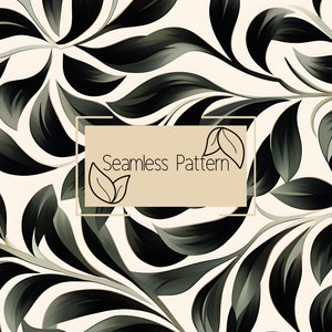 Può includere: Motivo senza cuciture con foglie stilizzate verde scuro su sfondo crema. Le foglie hanno un aspetto lucido e sono disposte in un motivo fluido e organico. Le parole "Seamless Pattern" sono visualizzate in un riquadro rettangolare.