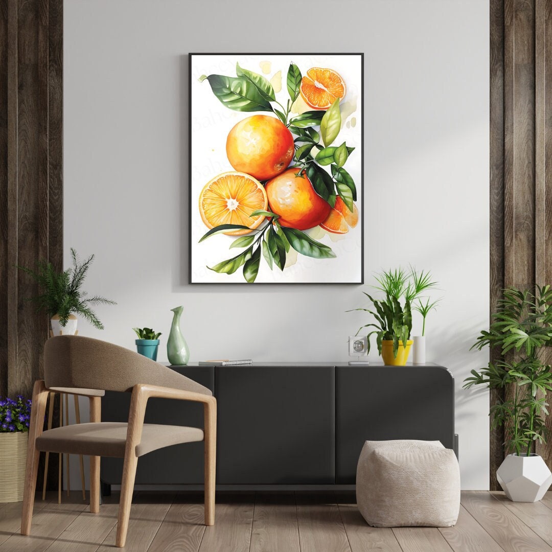 Vibrant Orange Citrus Art Print - Watercolor Oranges With Lush Green ...