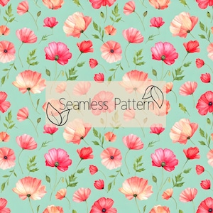 Puede incluir: Un patrón sin costuras con amapolas de acuarela en tonos rojos y melocotón, con hojas verdes, sobre un fondo verde azulado claro. El texto "Seamless Pattern" se muestra en un cuadro rectangular.