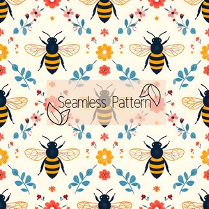 Folk Art Bee Seamless Pattern Digital Paper – Honey Bees with Floral Accents | Bright Hand-Drawn Nature Design for Fabric and Crafts