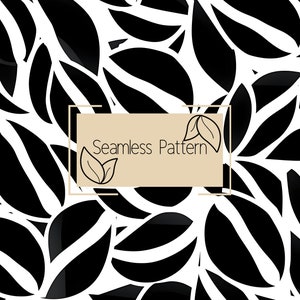 Può includere: Un design a motivo continuo con forme di foglie nere su sfondo bianco. Le foglie hanno un aspetto lucido. Un rettangolo beige con le parole "Seamless Pattern" e illustrazioni di foglie è al centro.