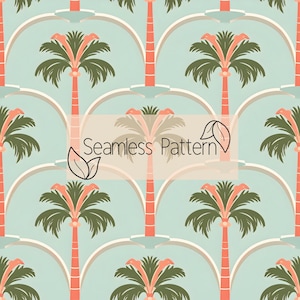 May include: Seamless pattern featuring stylized palm trees with coral trunks and green fronds, set against a light blue backdrop. The design includes white arch-shaped elements. The text "Seamless Pattern" is displayed in the center.