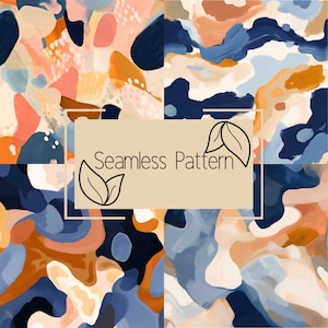Pode incluir: Quatro designs de padrões sem costura com pinceladas abstratas em tons de azul, laranja, pêssego e castanho. Os designs são exibidos em uma grade, com o texto "Seamless Pattern" em um retângulo bege com ilustrações de folhas.
