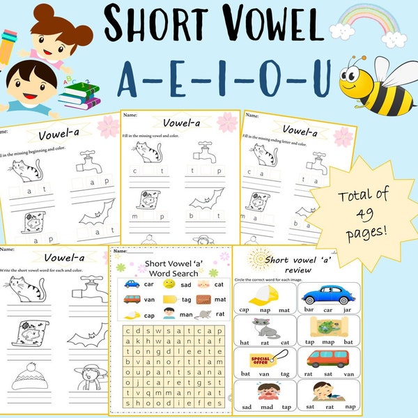 Short Vowel Worksheets | Printable Vowel Family Worksheets l Digital download CVC Worksheets for Kids
