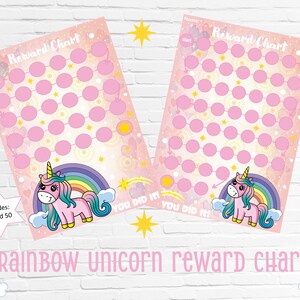 May include: Two pink and white printable reward charts featuring a rainbow and a unicorn. The charts include 30 and 50 spaces for stickers or stamps. The text "You Did It!" is at the bottom of each chart.