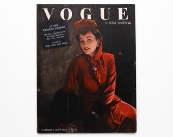 May include: Vogue magazine cover from September 1, 1941, featuring a woman in a red velvet dress and hat. The cover text reads "123 New American Fashions" and "Autumn Shopping".