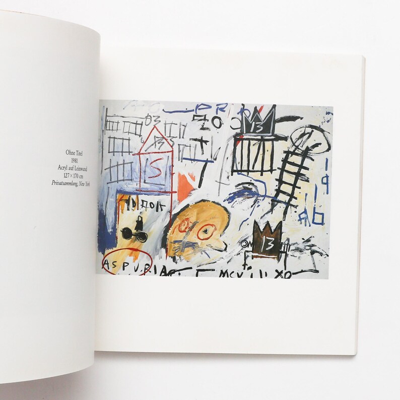 May include: Abstract artwork featuring a mix of shapes and colours on a white backdrop. The painting includes a house, crown, and face, with text in several areas. The artwork measures 127 x 170 cm.