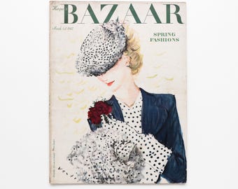 May include: Harper's Bazaar magazine cover from March 1st, 1942, featuring a woman wearing a black and white polka dot dress, a black jacket, and a black and white spotted hat. She is holding a red rose and looking down. The text "SPRING FASHIONS" is printed in green on the cover.