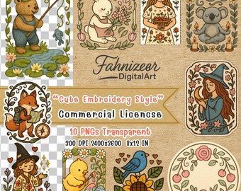 Clipart di ricamo di animali del bosco stravaganti: PNG floreali vintage (download digitale) Clipart trasparente Boho