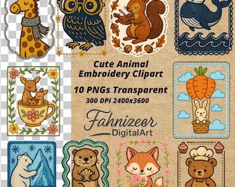 Set di clipart con ricami stravaganti: adesivi con animali bohémien (download digitale PNG 300 DPI)