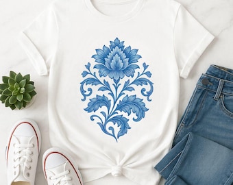 Delft Blue Floral PNG: Vintage Porcelain Graphic, Transparent Background (Digital Download)