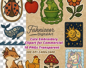 May include: A collection of cute embroidery clipart featuring a ladybug, apple, frog in a teacup, flower, whale, fox, chicken, mushroom, sun and moon, and unicorn. The text reads "Fahnizear Digital Art" and "Cute Embroidery Clipart for Commercial".