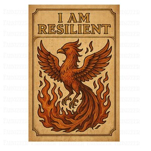 Poster Phoenix vintage - Citation I Am Resilient - Art mural oiseau de feu fantastique - Style médiéval motivant - Impression par affirmation
