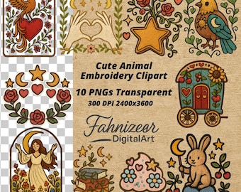 Pacchetto di clipart da ricamo: disegni Cottagecore Boho (download digitale, PNG 300 DPI)