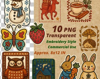 Set di clipart da ricamo: adesivi PNG Cottagecore Woodland (download digitale)