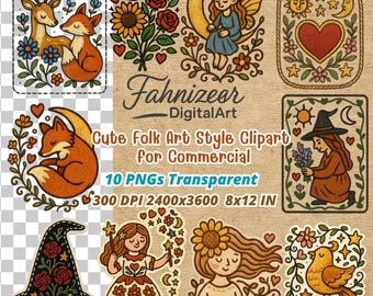 May include: A collection of colorful folk art style clipart images. The designs include a deer and fox, a fairy on a crescent moon, a sun and heart, a witch, a wizard, and a bird. The text says "Fahnizeer DigitalArt" and "Cute Folk Art Style Clipart for Commercial".