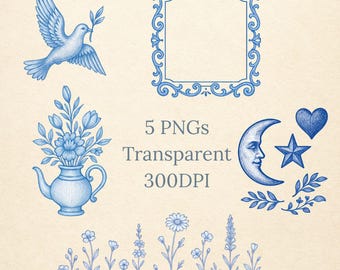 Delft Blue Porcelain Clipart Set: Vintage Floral Illustrations (5 PNGs, 300 DPI)
