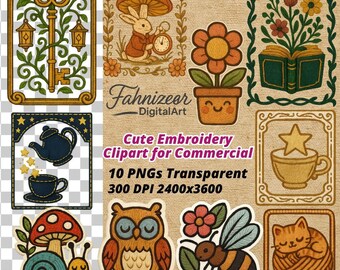 Pacchetto di clipart di ricamo Cottagecore / PNG di arte popolare (download digitale)