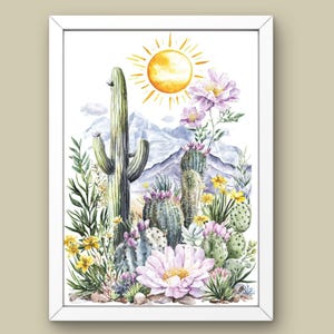4 Bilder Aquarell Wüste Landschaft Wand Kunst Kaktus Wildblumen Botanische Boho Sonne und Berg druckbare südwestliche Kunst digitaler Download
