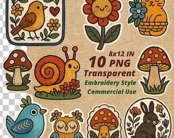 Set di clipart da ricamo: animali cottagecore stravaganti (download digitale PNG 300 DPI)