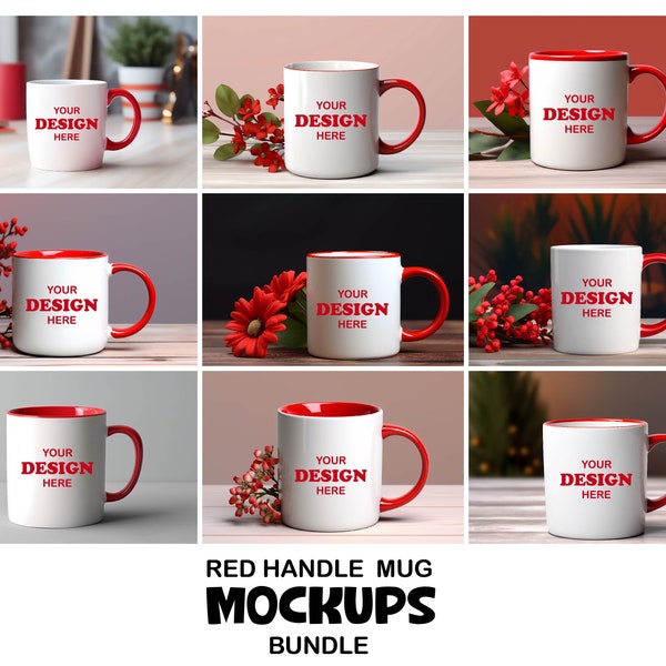Accent Coffee Mug Mockup Bundle, Two Tone Accent Mug Mockup, White Mug with Red Handle Ceramic Coffee Cup Mock Up