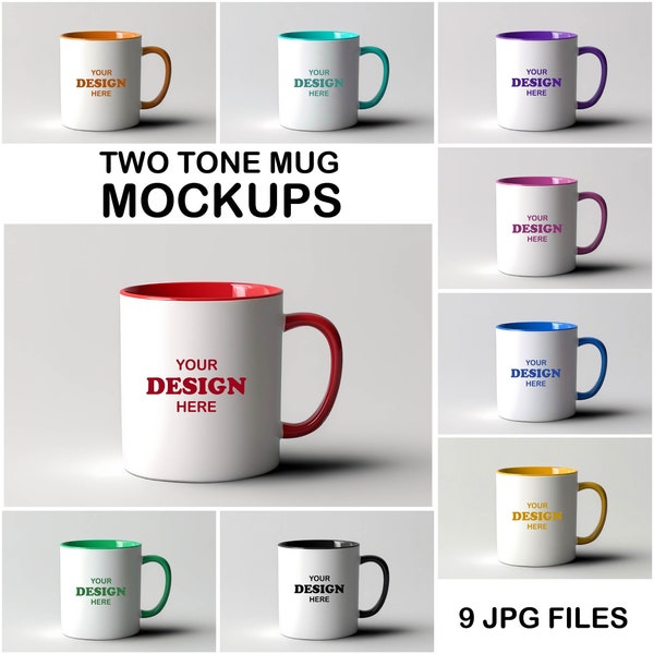 Accent Coffee Mug Mockup Bundle, Two Tone Accent Mug Mockup, White Mug with Red Black Blue Pink Handle Ceramic Coffee Cup Mock Up