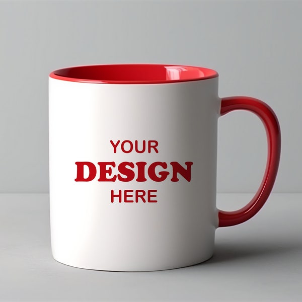 Accent Coffee Mug Mockup, Two Tone Accent Mug Mockup, White Mug with Red Handle Ceramic Coffee Cup Mock Up